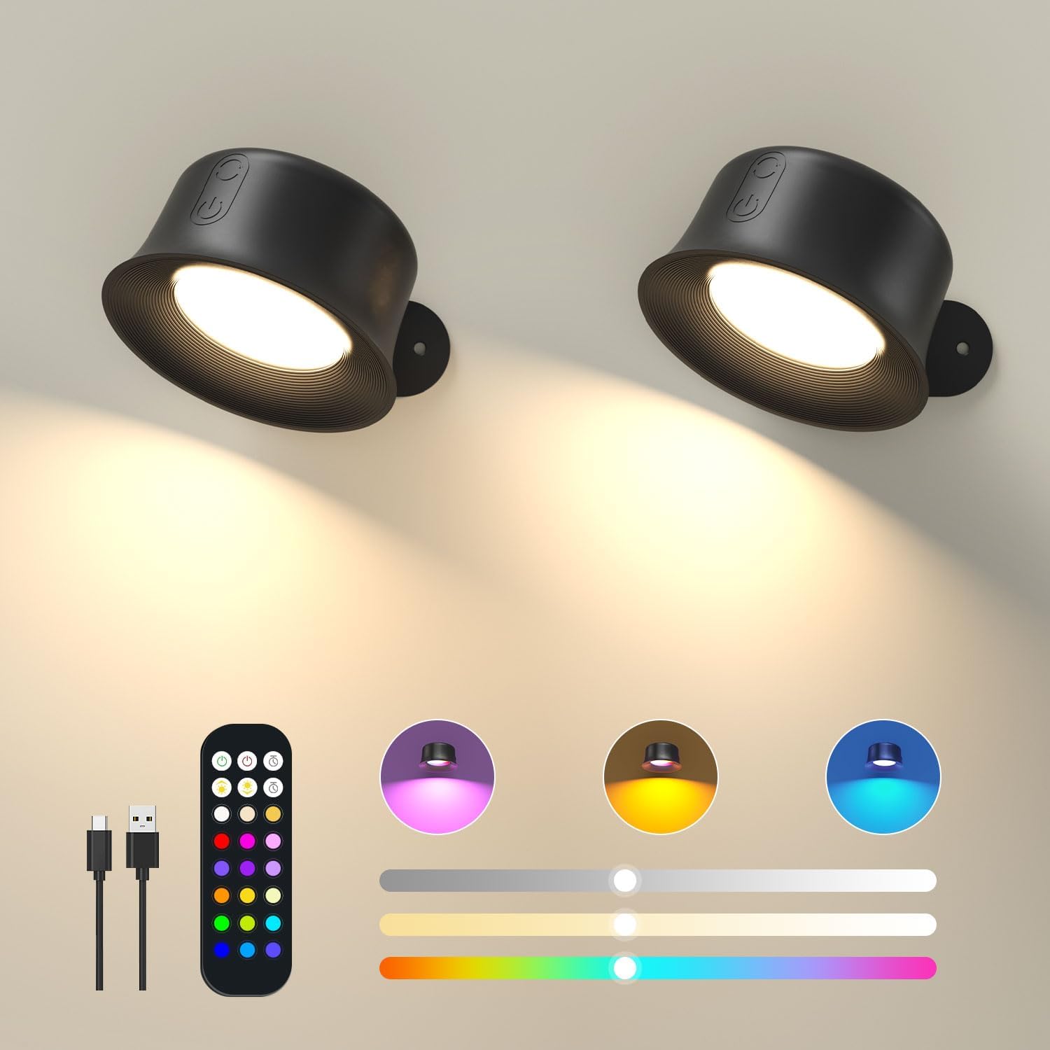 FULEN Wall Lights, 2 Pack LED Wall Lamp with 18 RGB Colors, 3200mAh Rechargeable Battery Operated, Touch and Remote Control, Dimmable Wireless Wall Sconces for Bedroom Indoor, Magnetic 360° Rotation