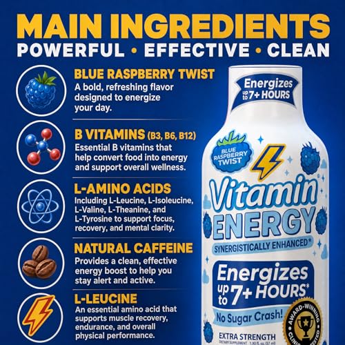 Image of Vitamin Energy Blue Raspberry Twist Extra Strength Energy Shot, 12 Pack - Up to 7 Hrs, 260mg Natural Caffeine, Zero Sugar - Electrolytes + BCAAs, Hydration, B12 B6 Niacin, 1.93 fl oz, Keto Vegan