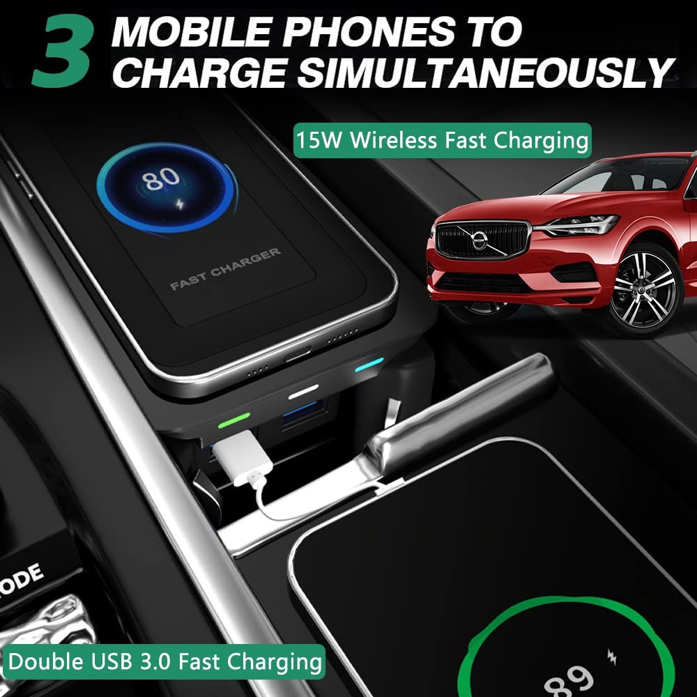 Cargador Teléfono Inalámbrico Coche para Volvo XC90 XC60 S90 S60 V90 V60, 15W Wireless Carga Rápida Auto Teléfono Cargador para Volvo 2017 2018 2019 2020 2021 2022 Consola Central Accesorios