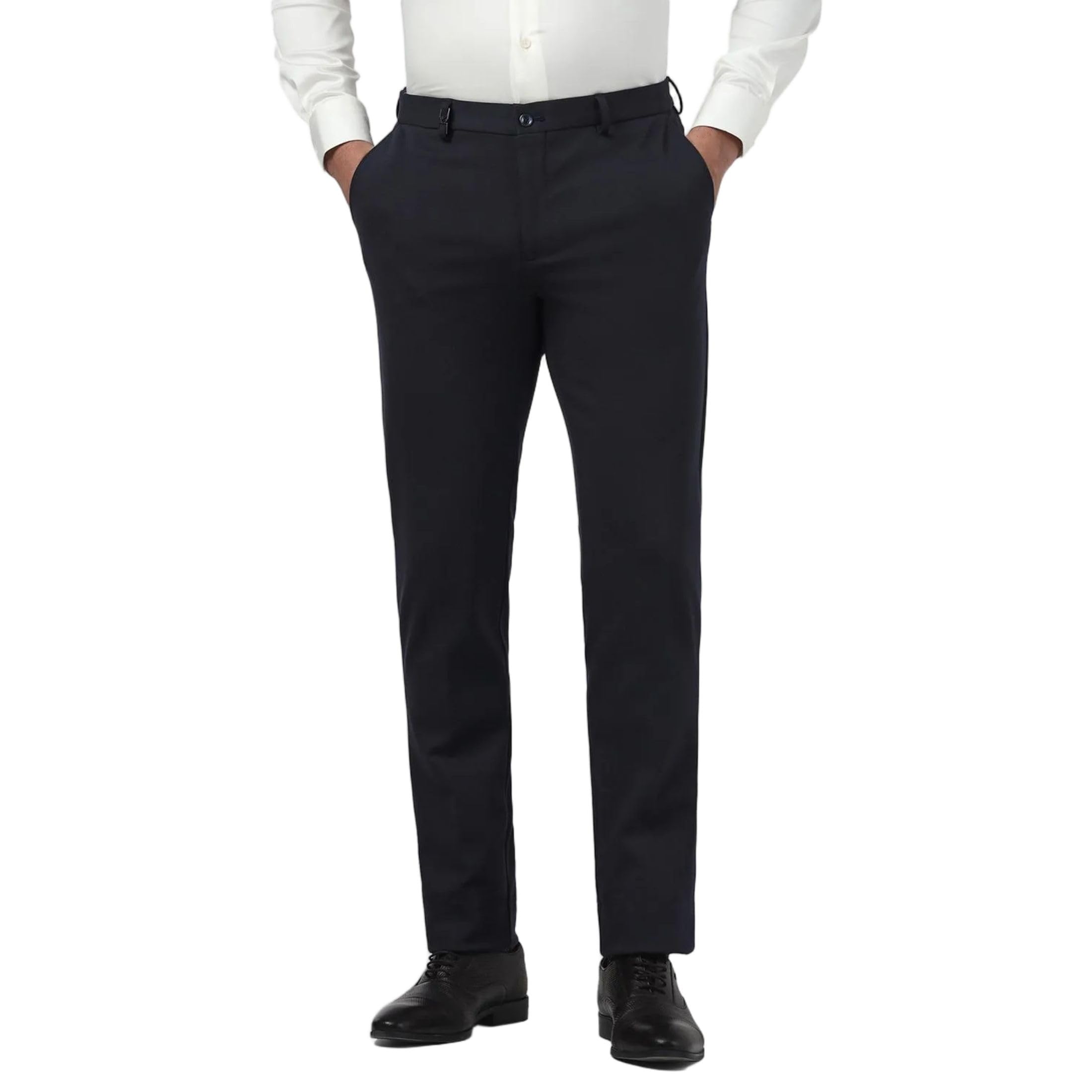 Men's Skinny Fit Textured Navy Formal Trousers-image-1