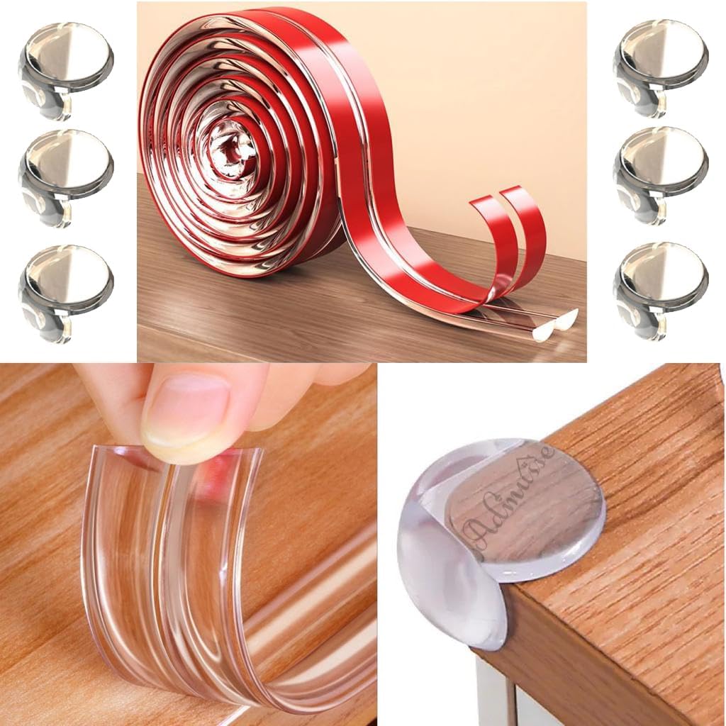 Admuse 6M Safety Edge Corner Protector with a Set of 6 Round Corner Protectors, Clear Baby Proofing Guards, Tables, Furniture, Soft Silicone Bumper Strip with Round Child Edge Protector for Cabinets