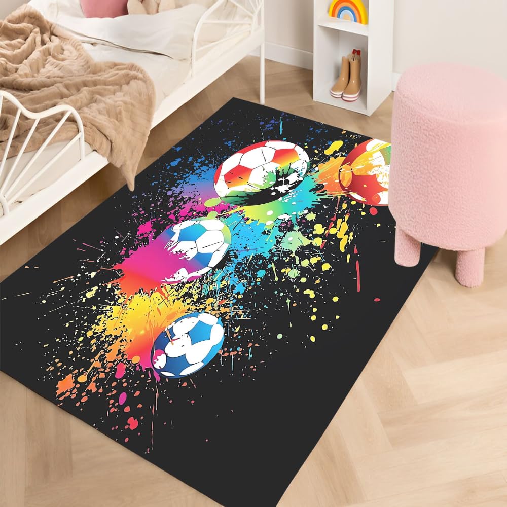 Fußball Mit Farbspritzern Teppich，Cartoon-Muster Teppich 80x160cm，Wohnzimmer Schlafzimmer Kinderteppich Kinderzimmer Mädchen Junge