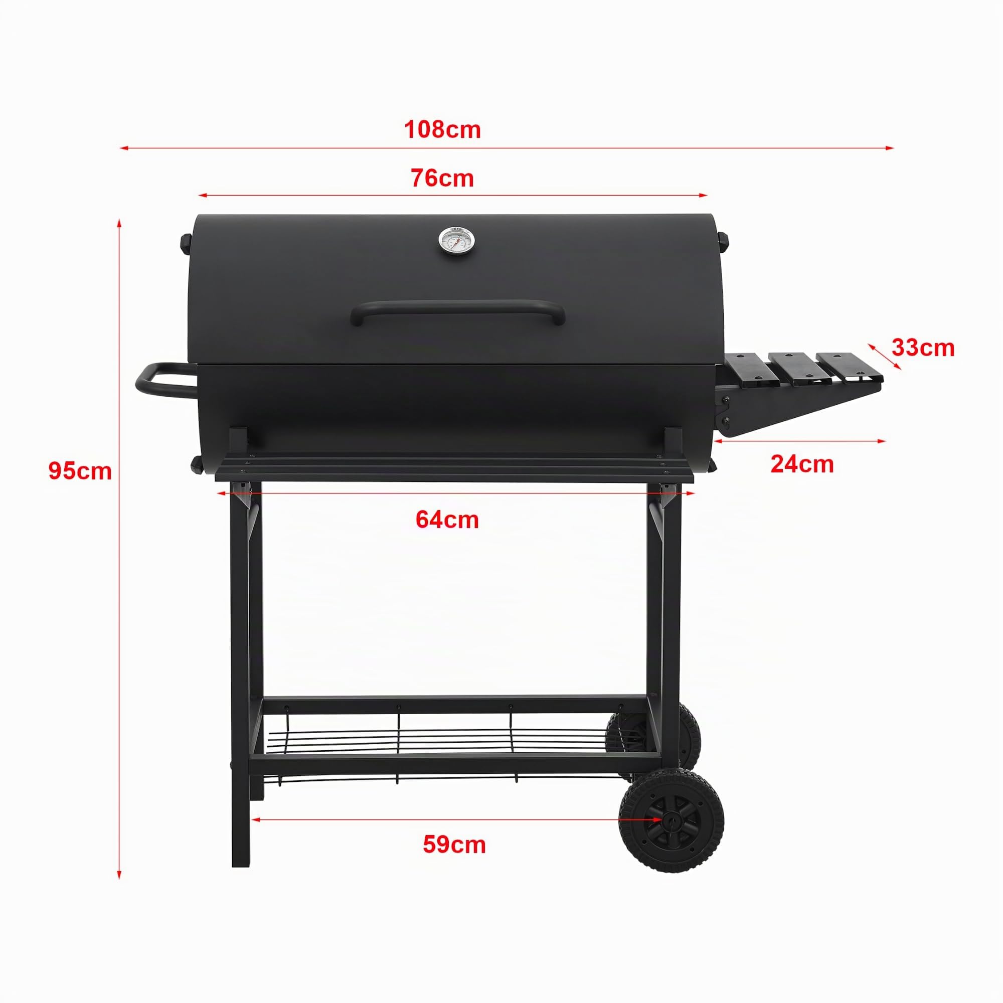 casa.pro Barbacoa de Carbón con 2 Ruedas y Asa Carro de Barbacoa con Parilla 3 Estantes Tapa con Termómetro Aberturas de Ventilación Acero Inoxidable Plástico 95 x 108 x 61 cm - Negro