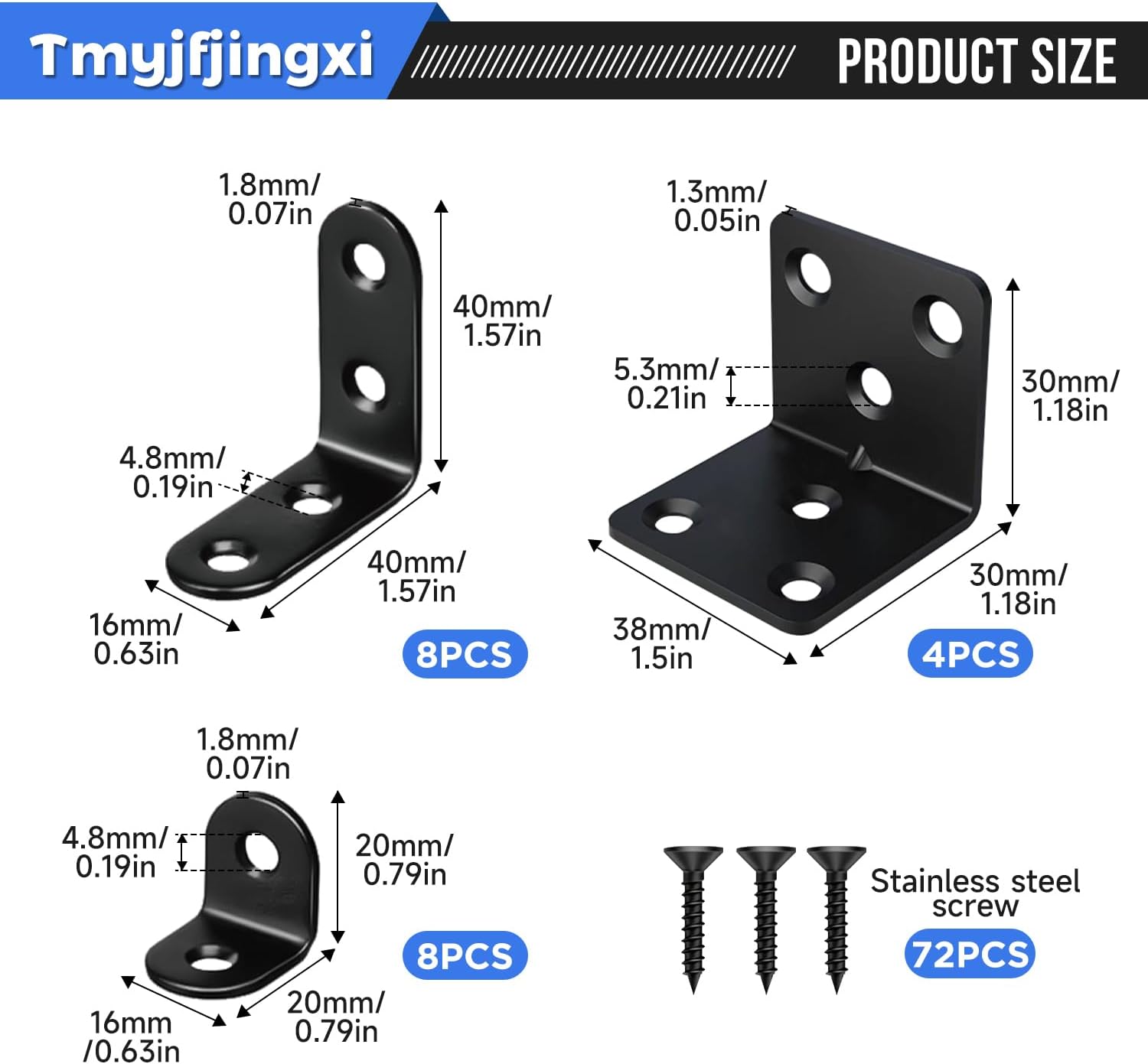 3Sizes Black L Brackets for Shelves L Shelf Bracket Metal Corner Braces for Wood Furniture with 72Pcs Screws (1.5x1.2x1.2inch 1.57x1.57x0.63inch 0.79x0.79x0.63inch) 92Pcs YY026-B