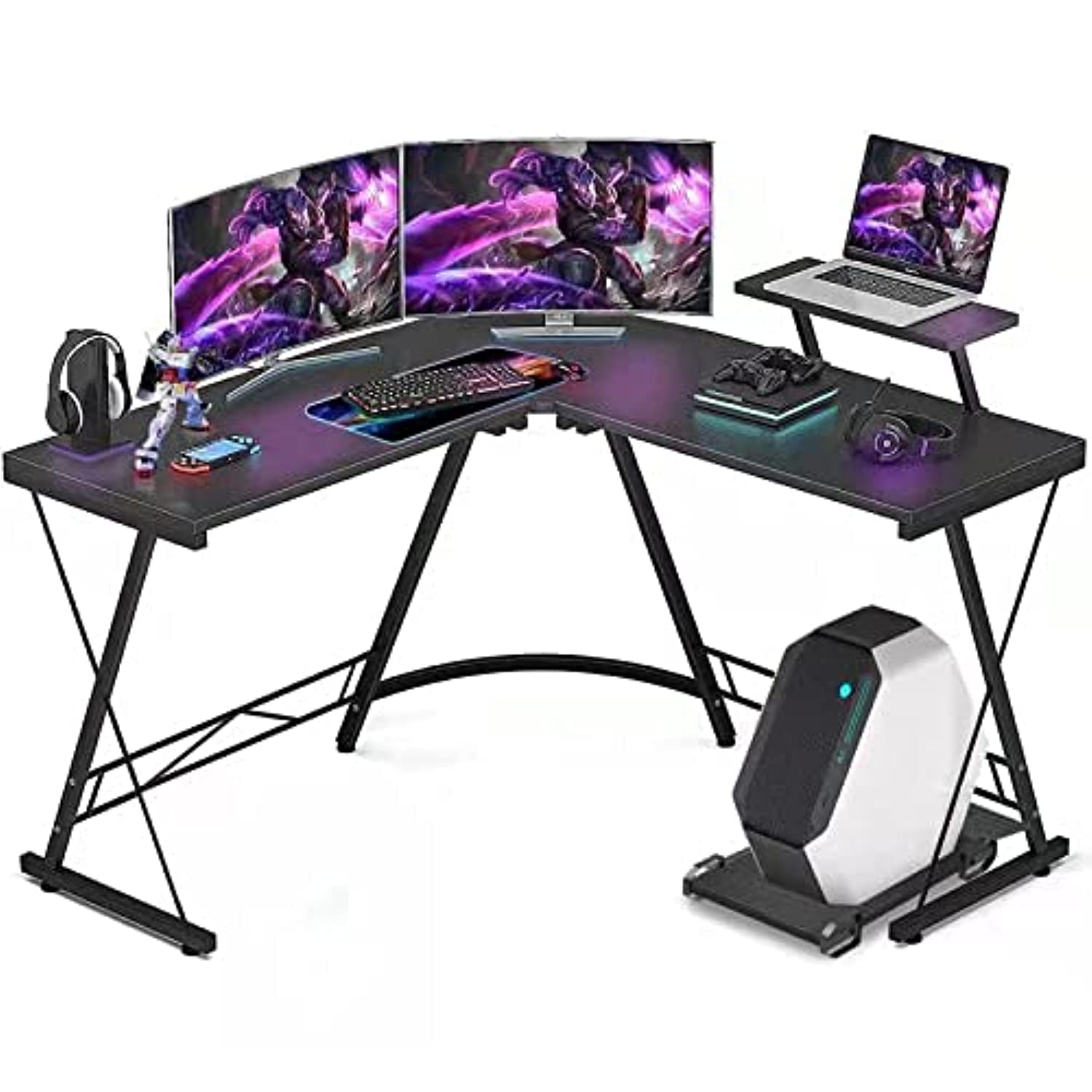 Vordern L-Shaped Desk 50.8" Computer Corner Desk, Home Gaming Desk, Office Writing Workstation with Large Monitor Stand, Space-Saving, Easy to Assemble (Black Top + Black Frame)