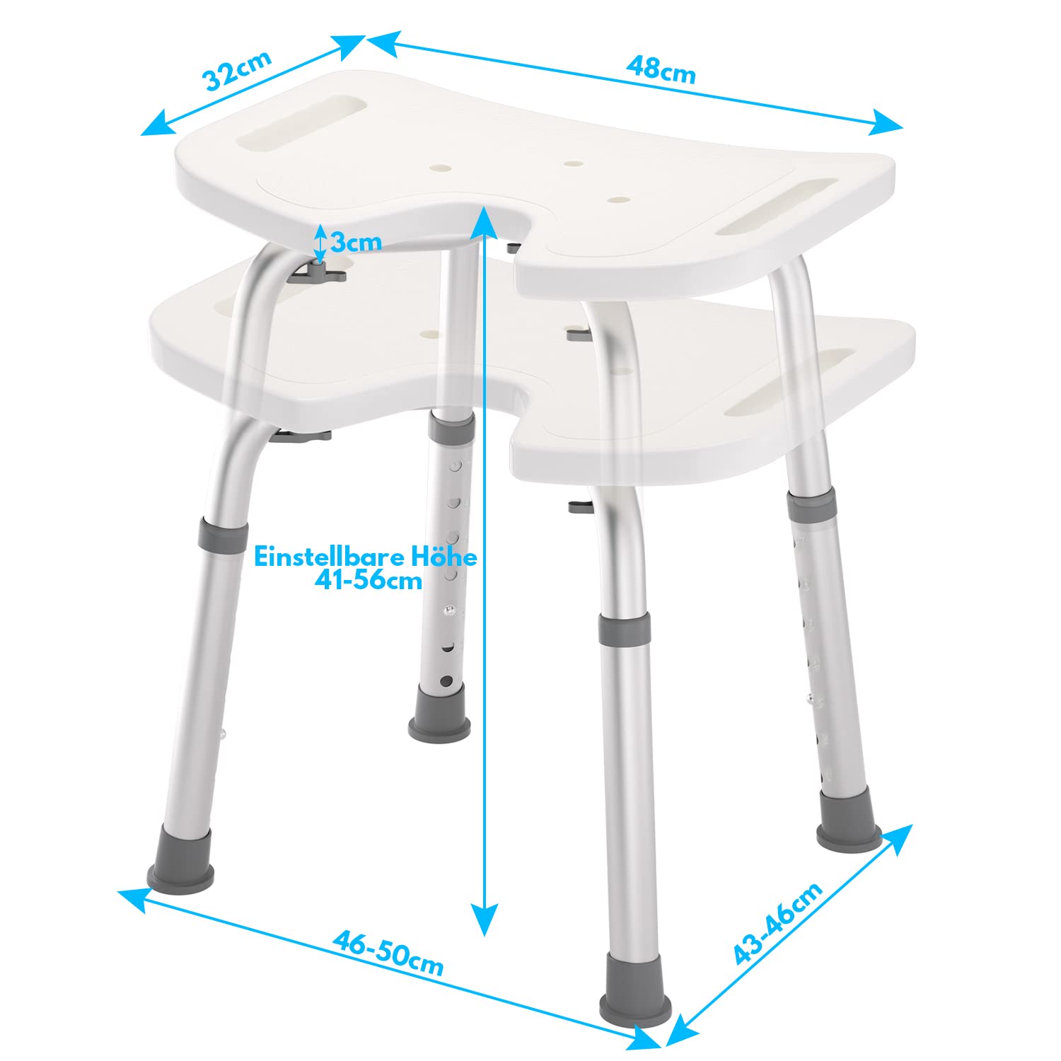 Taboret prysznicowy, krzesło prysznicowe z regulacją wysokości 41-56 cm, taboret łazienkowy, typ U, siedzisko prysznicowe dla seniorów i kobiet w ciąży, antypoślizgowy, do 136 kg