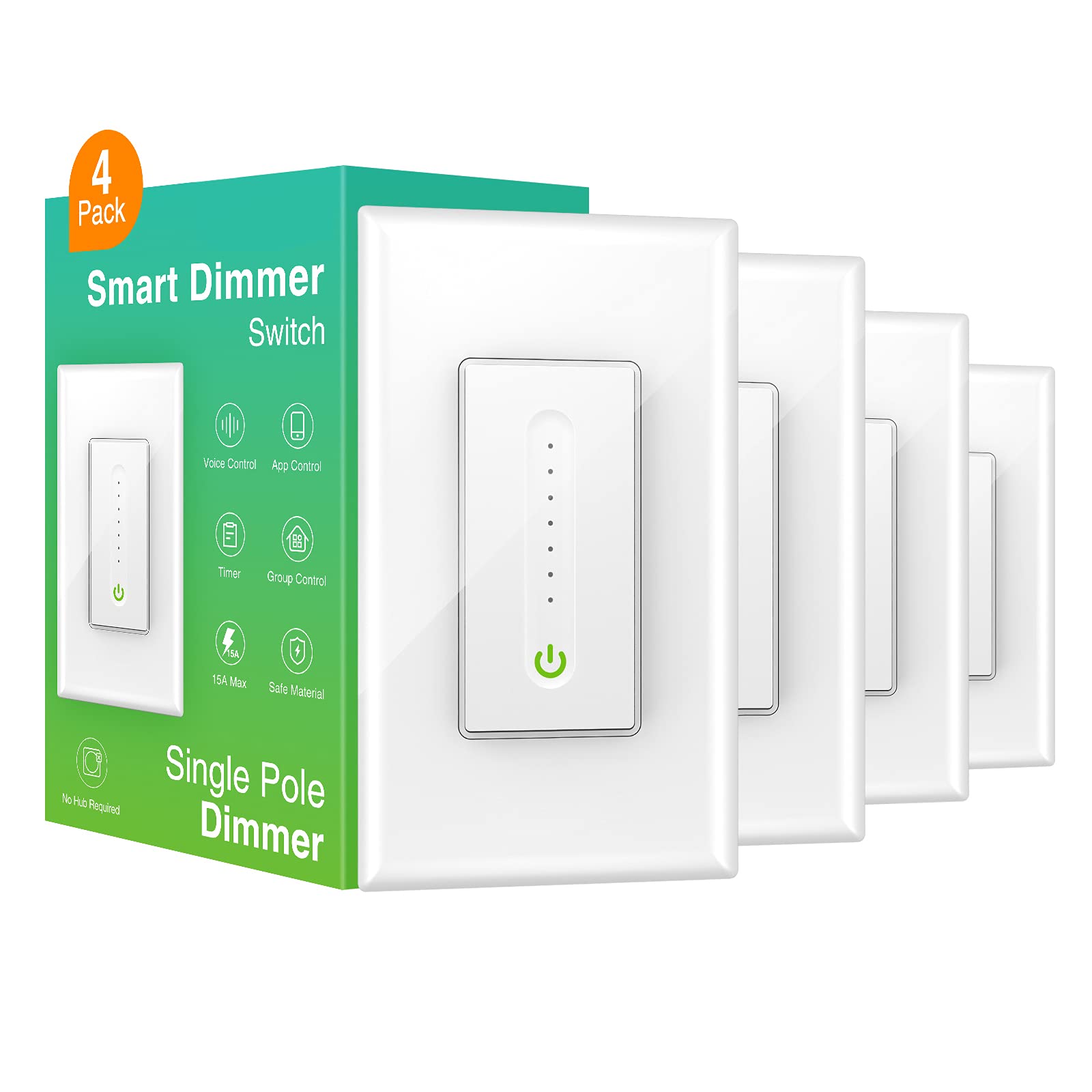 Smart Dimmer Switch, Single Pole, Neutral Wire Required, 2.4GHz Light Switch WiFi Compatible with Alexa, Google Home, Remote Control, UL Certified,No Hub Required,White, 4Pack