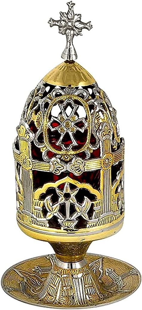 Christian Brass Table Oil Vigil Lamp with Cross, Hand-painted Prayer Standing Oil Lamp, Orthodox Oil Candle with glass cup, religious decor