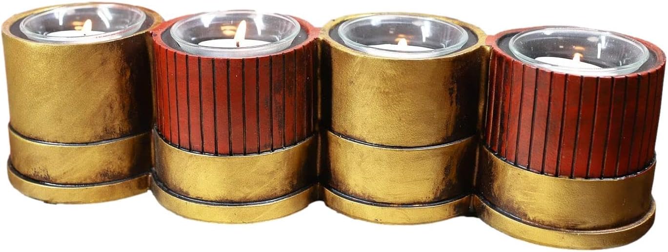 Ebros Gift Western Gold and Red 12 Gauge Shotgun Shells Hunter's Ammo Shell Casing Votive Candle Holder with 4 Glass Inserts Decorative Figurine Rustic Country Accent Tea Light Candleholder