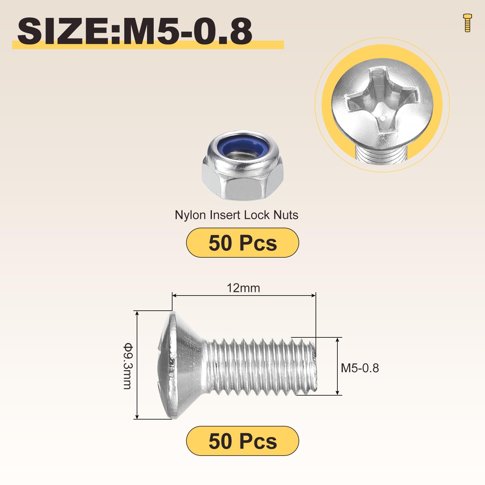 METALLIXITY Phillips Cross Flat Round Head Machine Screw with Nylon Insert Lock Nut Kit (M5-0.8x12) 100Pcs - Image 2