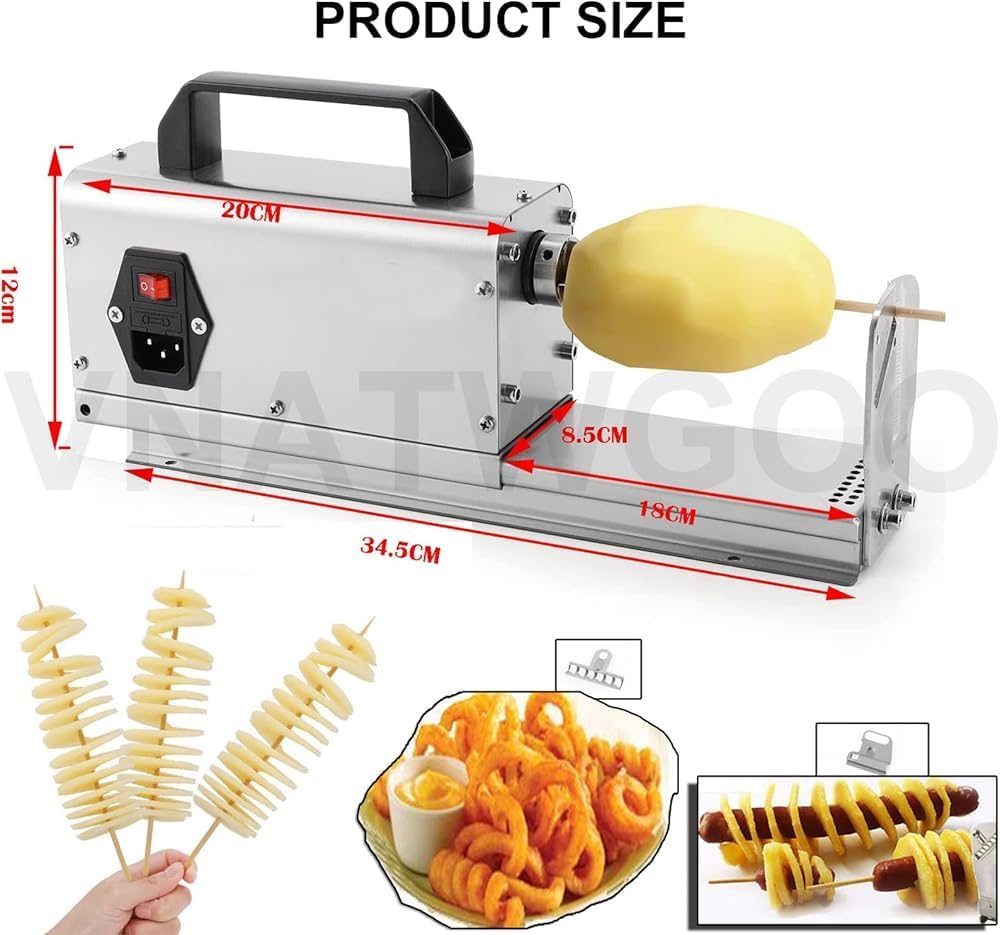 Professional Electric Potato Spiral Cutter, Commercial Tornado Slicer for Curly Fries & Twists, Stainless Steel with 2 Blades