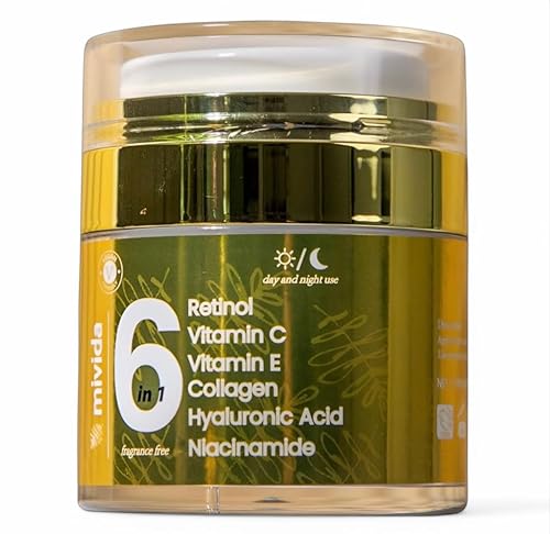 mivida Crema avanzada de retinol para cara y cuello | Hidratante antienvejecimiento 6 en 1 con colágeno, ácido hialurónico, vitamina C y E |