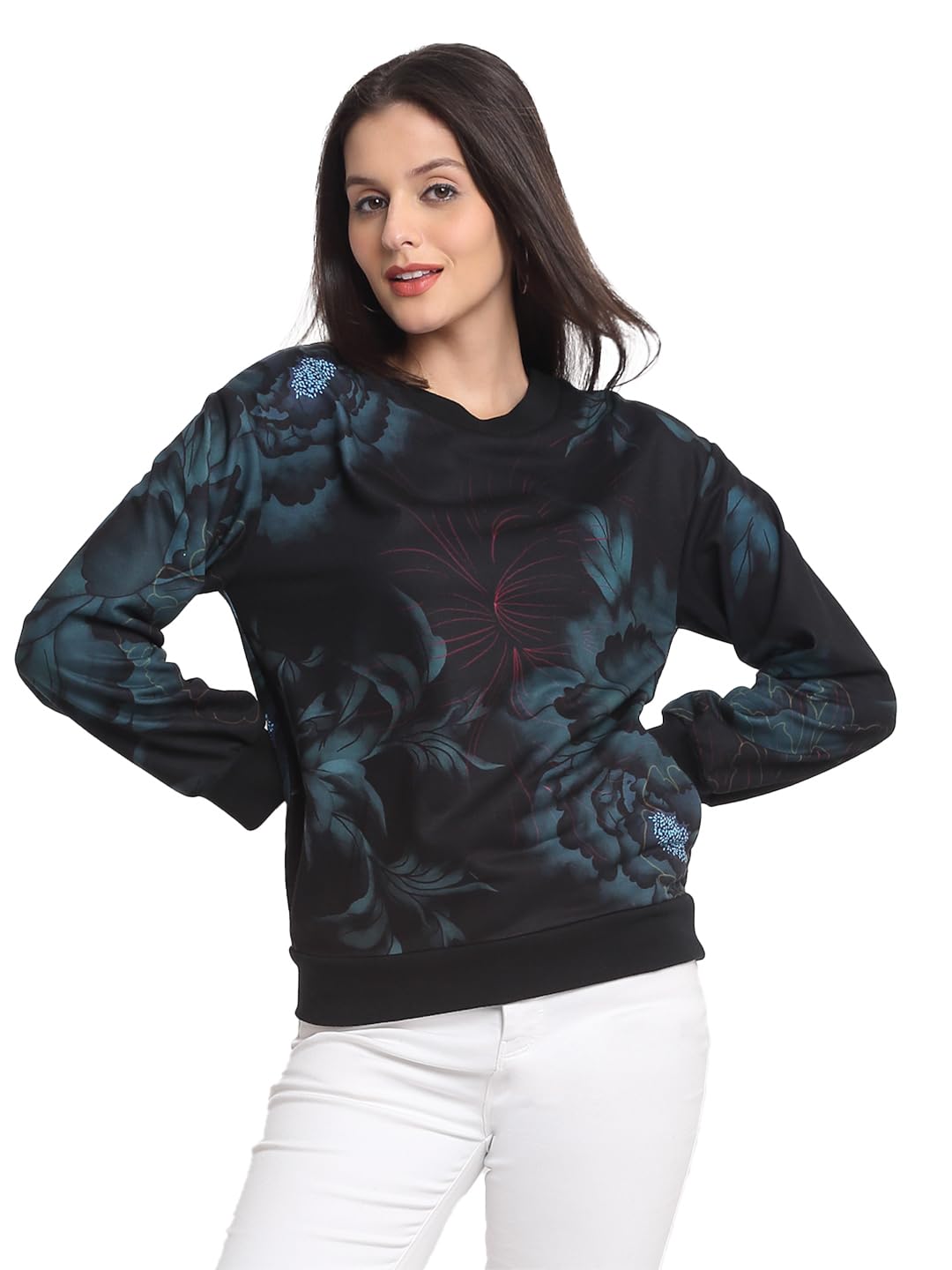 Black Round Neck Floral Print Long Sleeves Sweatshirts for Women-image-14
