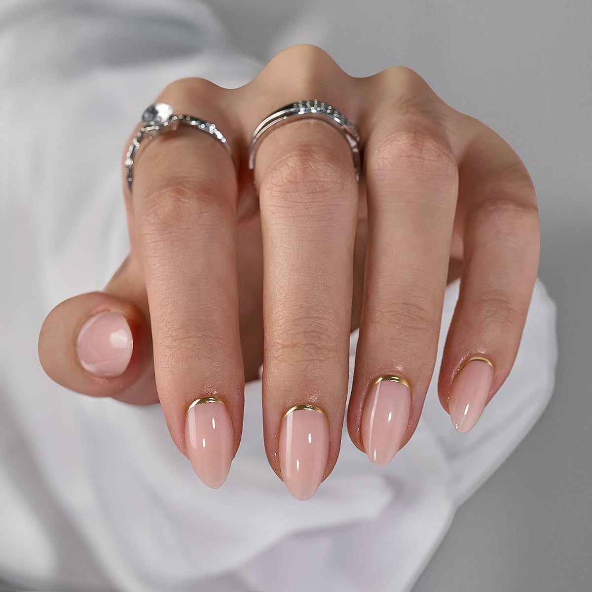Press On Nails, Gold End, Short Almond, Gold Foil, 32Ct | Lamp-Curable 4-Week Wear, Salon-Quality Natural Nails, 10-Minute Easy Daily Application, 16 Sizes, All-in-One Complete Kit