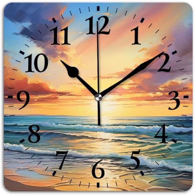 Quartz Wall Clocks Non-Ticking Silent Battery Operated Modern Wall Clocks Decorative for Home,Bedroom-The Sun Sets Over The Ocean Casting Warm Hues Across The Sky(16inch)