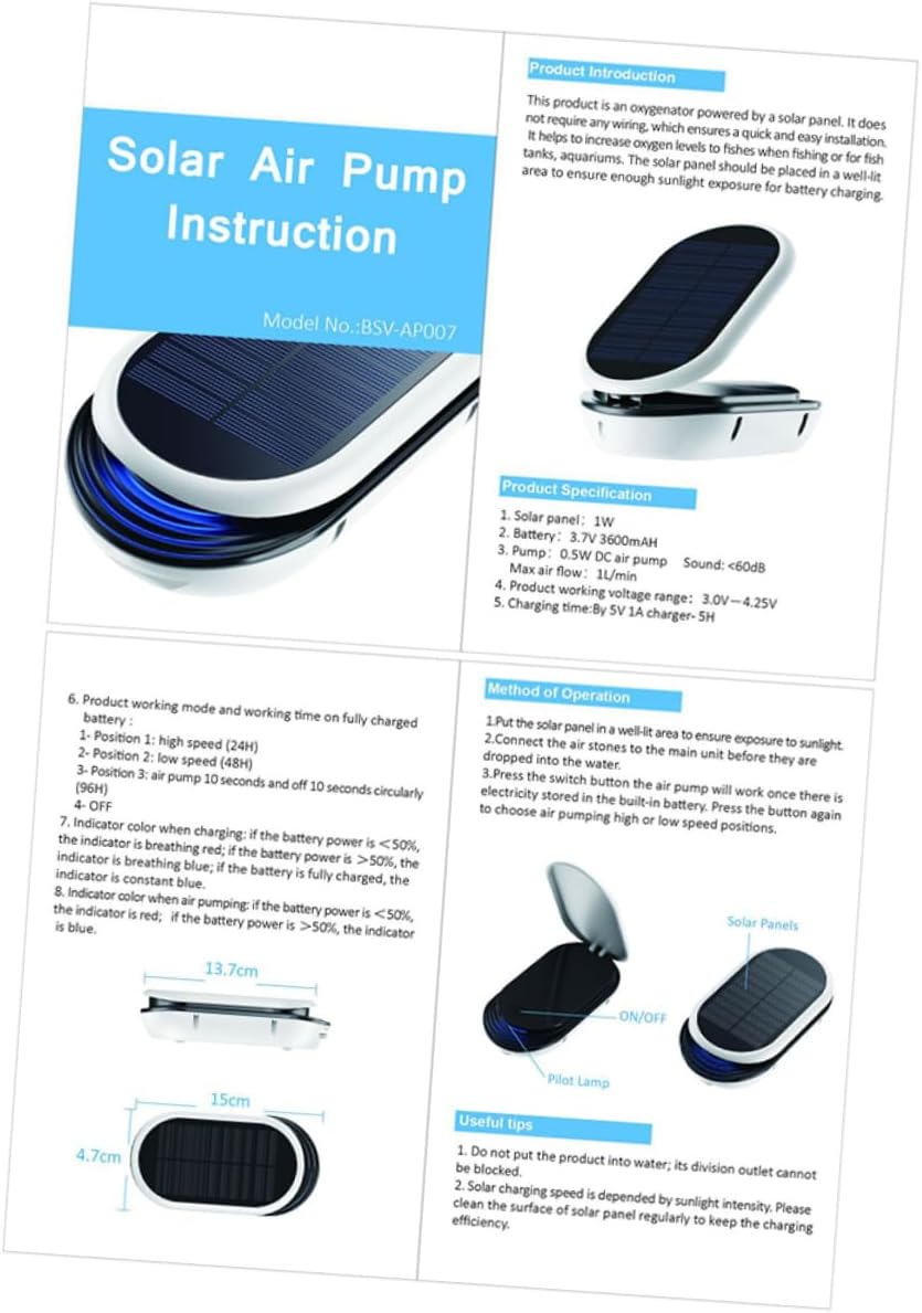 Mode Solar Oxygen Pump for Fish Tanks Portable Aquarium Air Pump with Low Noise Design for Outdoor Fishing and Emergency Oxygenation