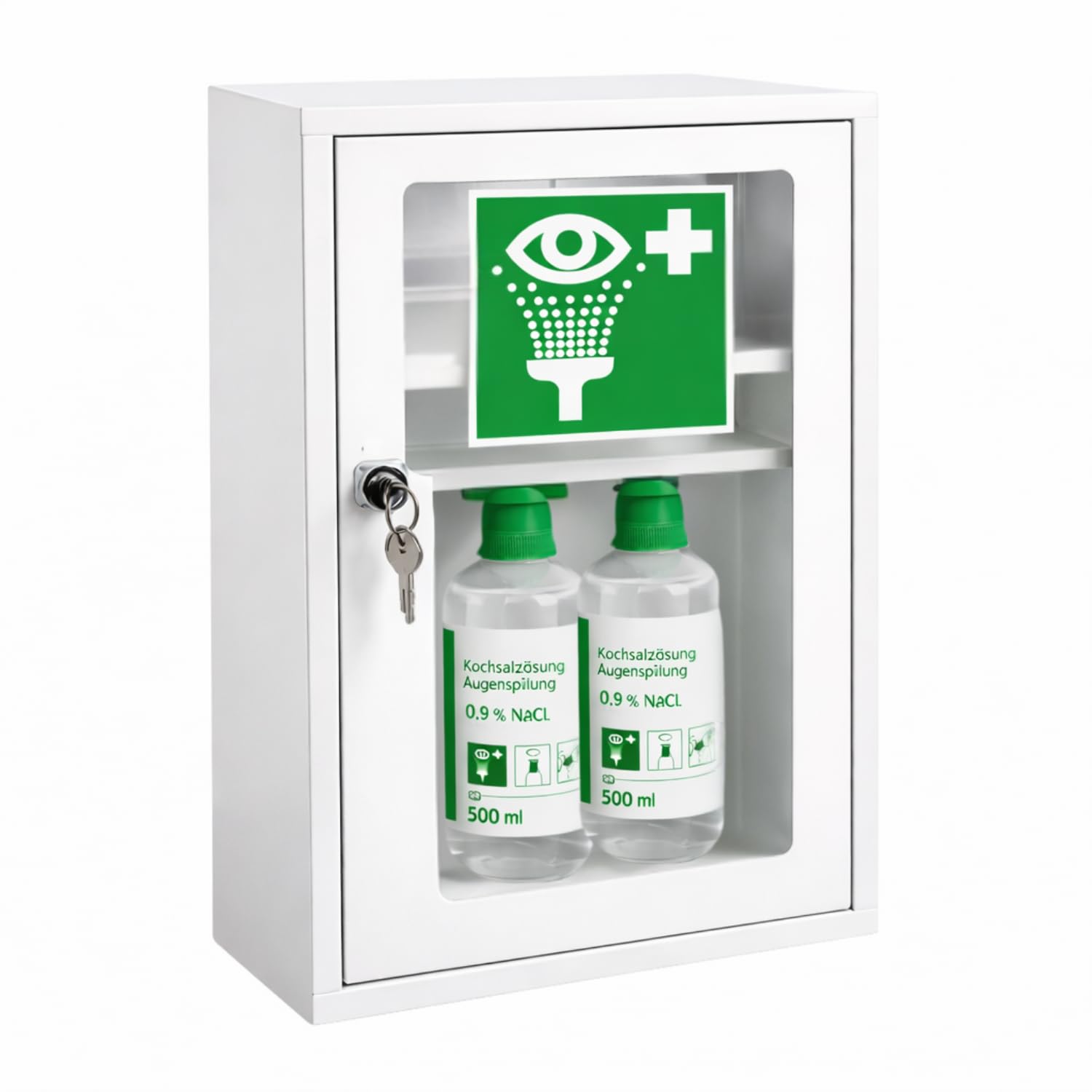 First Aid Products Augenspülschrank mit Sichtfenster – 2x Augenspülung NaCl 0,9% (500ml) – Metall, abschließbar, Eyewash station, Augenspülstation & Augendusche – Nachrüstung Werkstatt & Betrieb