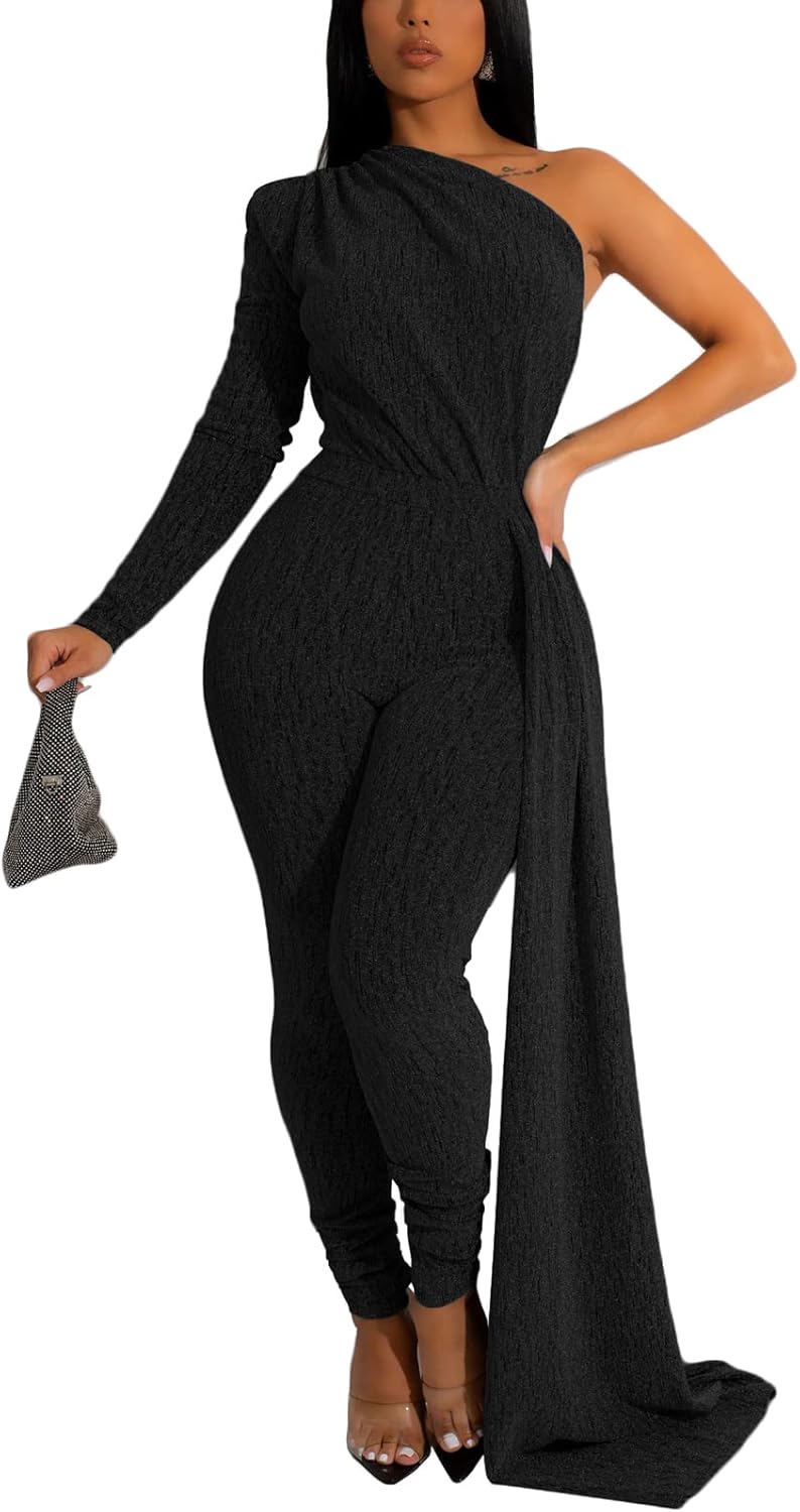 Women's Sexy Sparkly One Shoulder Long Sleeve Bodycon Jumpsuits Stretchy Long Pants Clubwear Party Rompers With Belt Rope