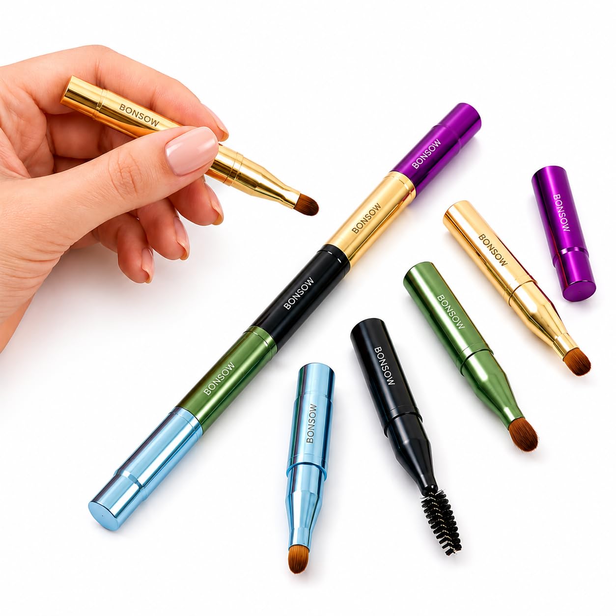 BONSOW 4-In-1 Metal Multifunctional Makeup Brush Set With Lip, Eyebrow, Eyeshadow & Lash Brush, Connectable Travel Makeup Brush, Feathery Ultra Soft Bristles Makeup Brushes for Women-picture-25