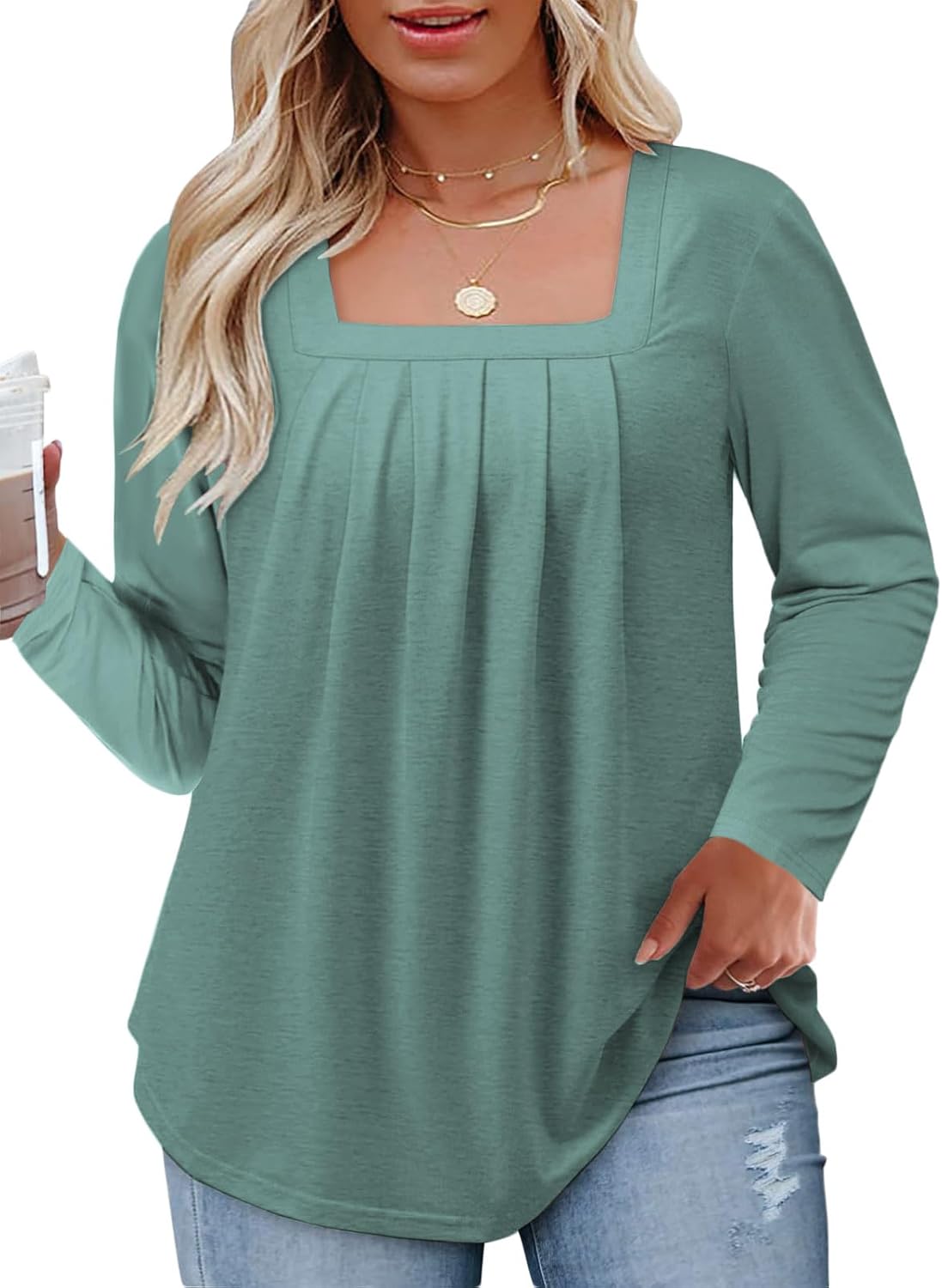 Womens-Plus-Size-Tops Dressy Pleated Square Neck Shirts Trendy Cute Long Sleeve Blouses Casual Loose Fit Tunics XL-5XL