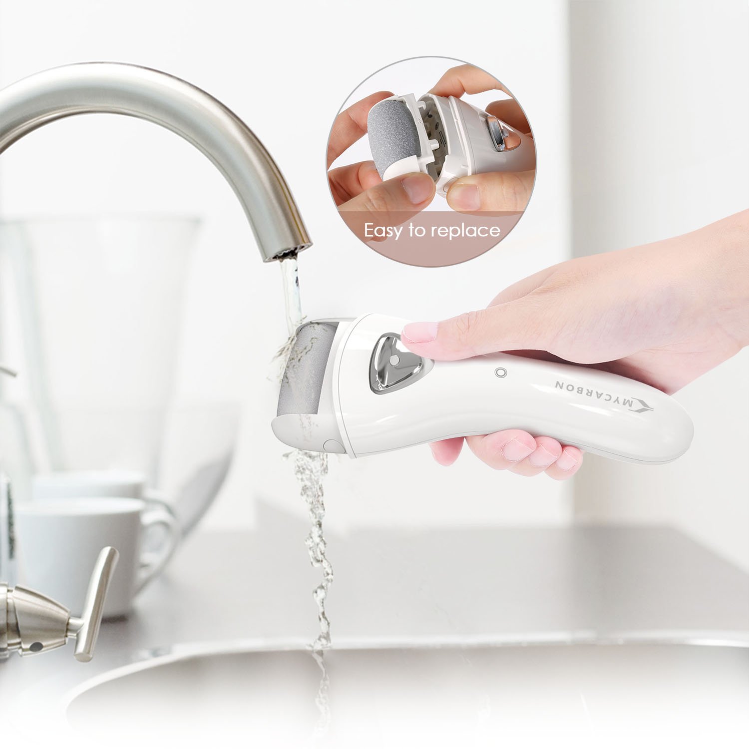 Lima elétrica de pies MYCARBON, Recargable Aparato de Pedicura Profesional, Eliminar las Durezas y las Callosidades, con Recambios (Blanco)