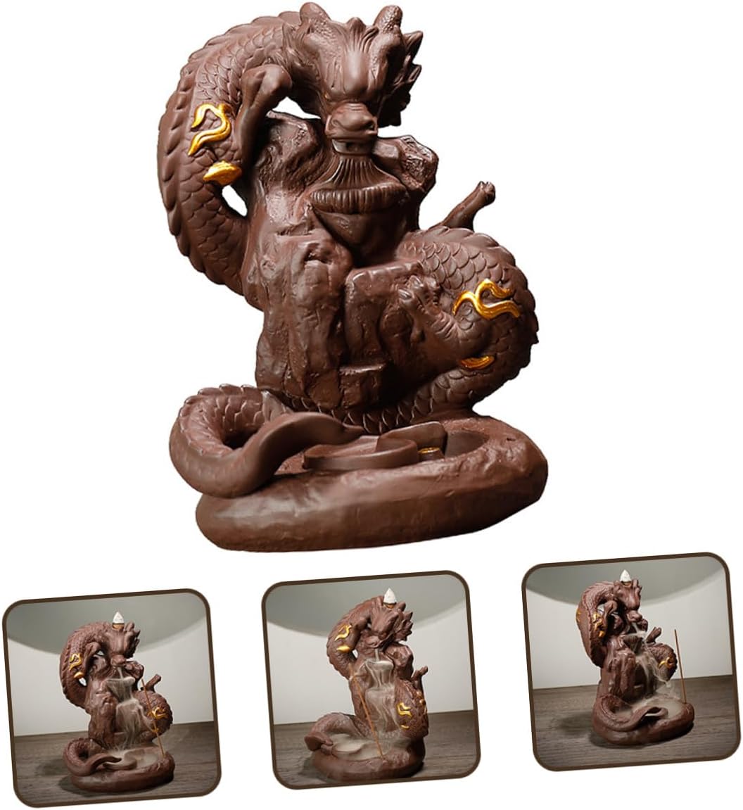 GARVALON Dragon Backflow Incense Holder Purple Sand Censer Creative Dragon Statue Decor for Home and Office Aromatherapy with Incense Stick and Cone Holder
