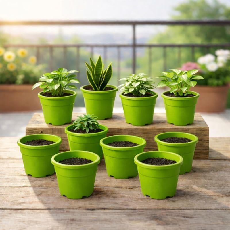 Image of Indian Gardens - 4 inch Indoor (Pack of 10) Plastic Small Colour pots | Plastic Plant Pot for Terrace Garden (Green)