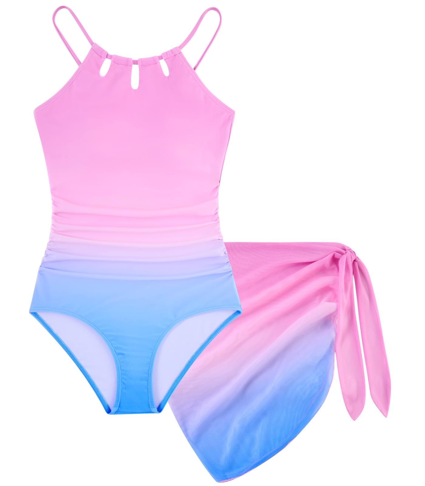 Girls One-Piece Swimsuit Bathing Suit with Cover Ups Size 7-16 | Adjustable spaghetti straps,Cut-out design, Removable chest pads, Swimwear for the beach, swimming pool, Hawaiian vacation