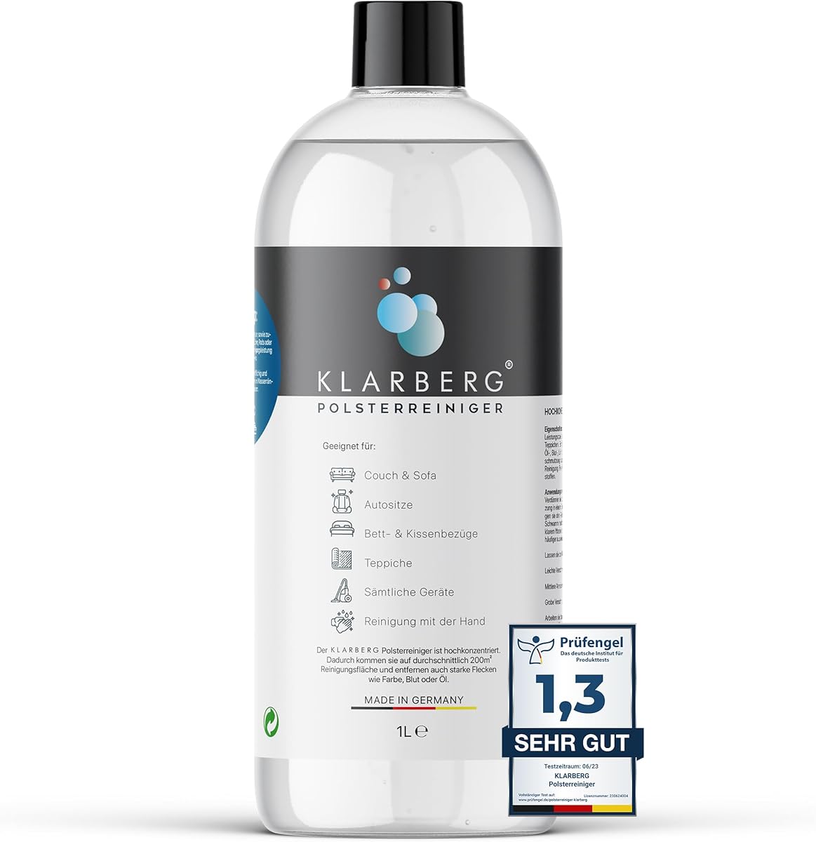 KLARBERG® 1L Waschsauger Polsterreiniger Konzentrat I Polsterreiniger für Sofa, Teppich, Autositze, Textilreiniger uvm. I Geeignet für Waschsauger, Nasssauger und Reinigung per Hand