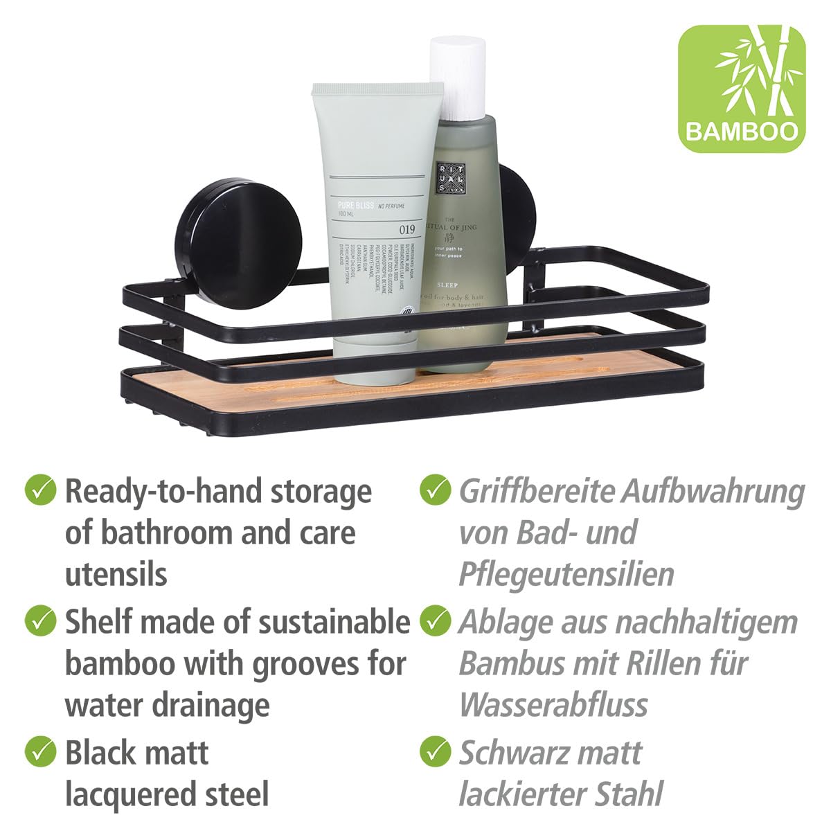 Wenko Superficie di appoggio da parete Static-Loc Plus Alba per stanza da bagno, in acciaio verniciato e bambù sostenibile, fissaggio senza perforazione, 26,5 x 12,5 x 11 cm, nero/al naturale