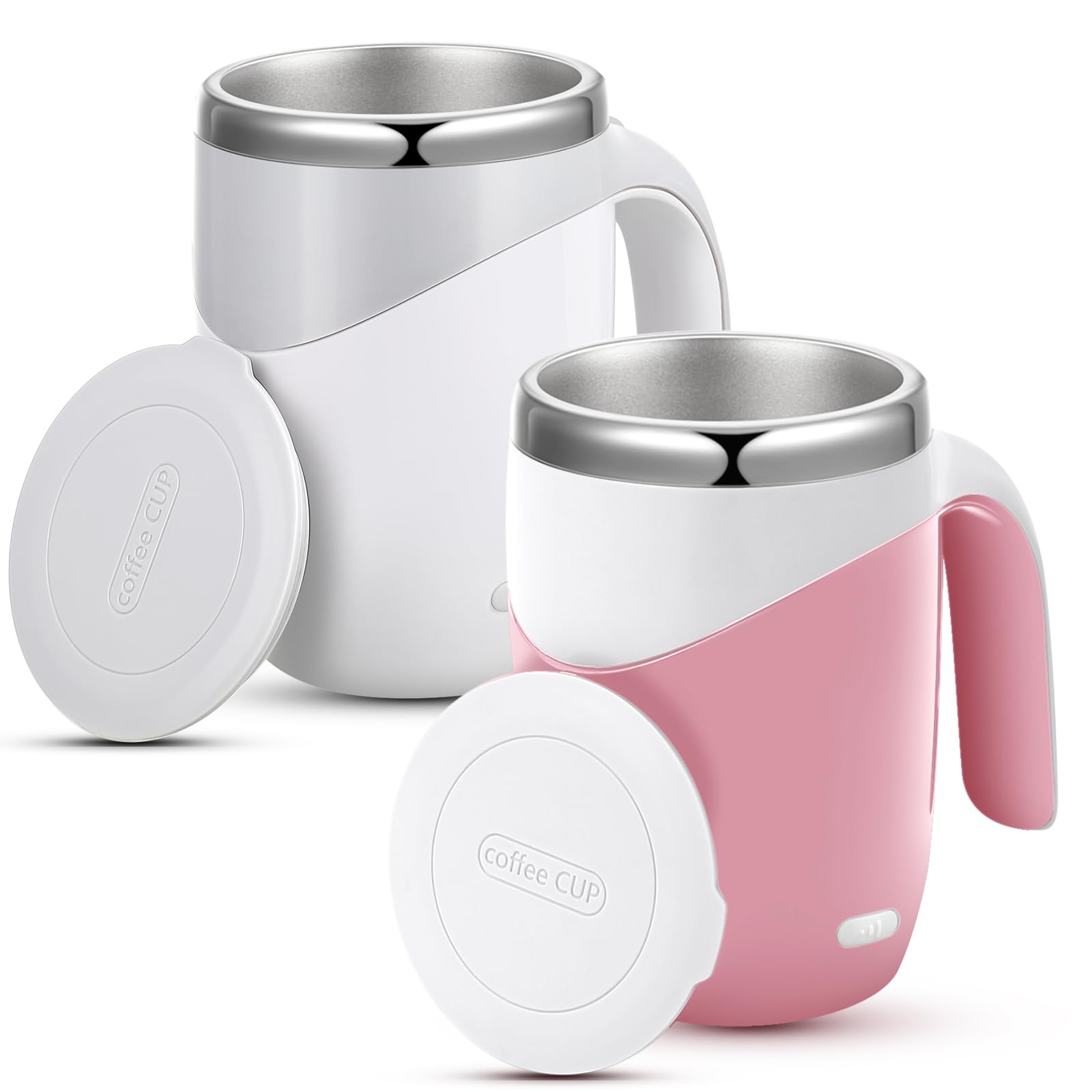 Patelai 2 Pcs Self Stirring Coffee Mug Bulk Mixing Cup Bulk 13.5oz Stainless Steel Automatic Magnetic Travel Stirring Mug for Mother Father Day Employee Birthday Gift (White,Pink)