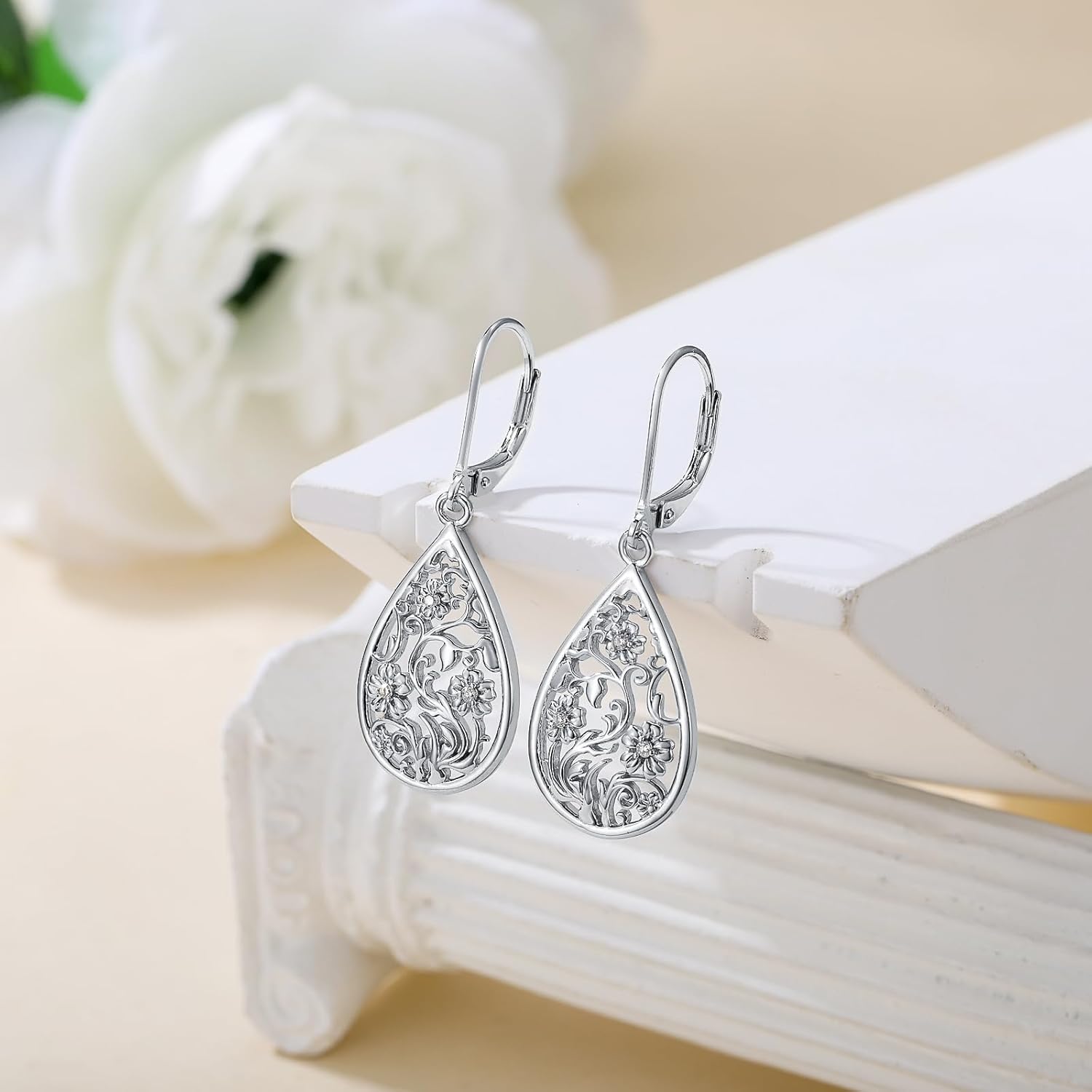 Diamond Floral Filigree Teardrop Drop Earrings for Women in 925 Sterling Silver - Image 2