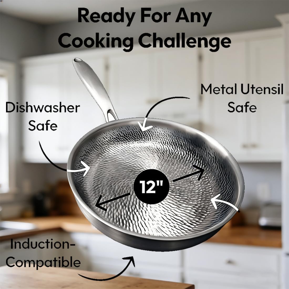 Titanium Pans for Cooking, 12 Inch Non Stick Titanium Frying Pan with Lid, No Coating Titanium Pro Pan, Extreme Heat-Resistant, Suitable for Induction Cooktops and Dishwashers (diameter 12.6in)