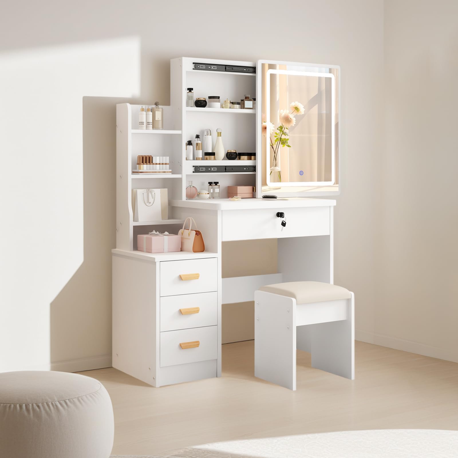 DATO Tavolo da toeletta con illuminazione a LED, 3 temperature di colore e luminosità regolabili, tavolo da toeletta con sgabello, tavolo da toeletta con 5 cassetti e 3 ripiani, tavolo da toeletta con