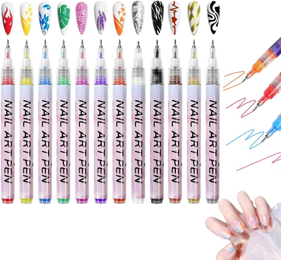 – 12 Colors Nail Art Pens Set, Set of 12 Colours 0.7MM Nail Art Polish Pens,DIY Quick Dry Graffiti Dotting Point Liner Pens,3D Polish Pens for Dotting, Liner, Graffiti & Paintin