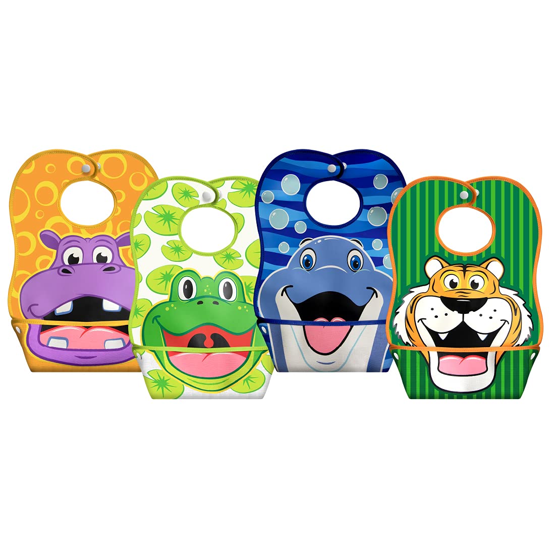 LA Baby Crumb Snatcher Waterproof Pocket Bib Small, Catch-All Pocket Design, 4-Pack (Hippo, Frog, Dolphin, Tiger)