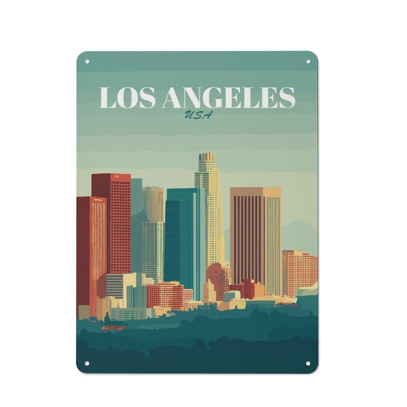 Junmoney Style-8 Los Angeles Skyline Vintage Workshop Style Metal Wall Decor 40X30cm, Garage Metal Sign For Workshop, Basement, Shed Or Games Room