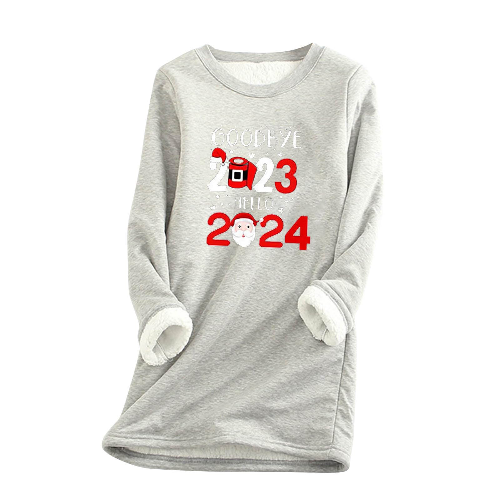 Ceboyel Good Bye 2023 Hello 2024 Womens Fleece Lined Pullover Sweatshirts Sherpa Sweater Tops Warm Winter Crewneck Loungewear