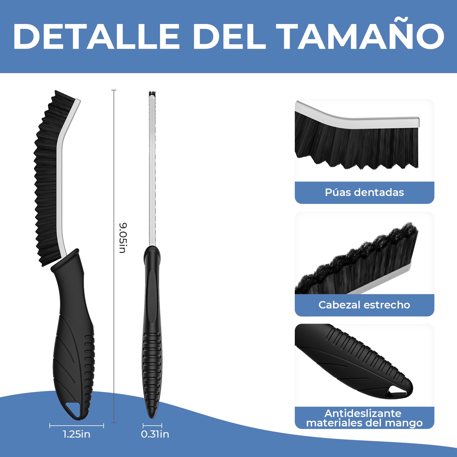 Cleangor Cepillo de Limpieza de Grietas, Cerdas Duras, Mango Ergonómico, 3 Negro