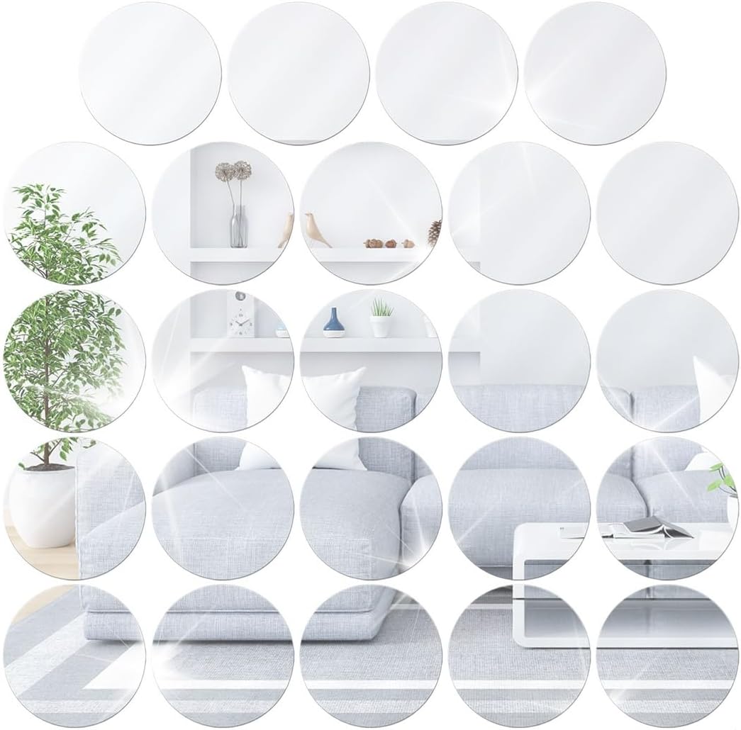 Acrylic Mirror Plates 24-Pack, Round Frameless Tiles for Wall Hanging, Candle Tray Discs, Safe Alternative to Glass, Tabletop Decor