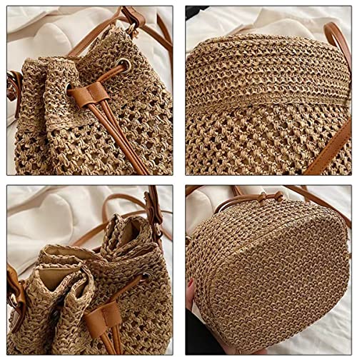 Image of Women Straw Drawstring Bucket Purse Small Tote Shoulder Handbag Hollow Out Cross-body Bag for Summer,Beach | Straw