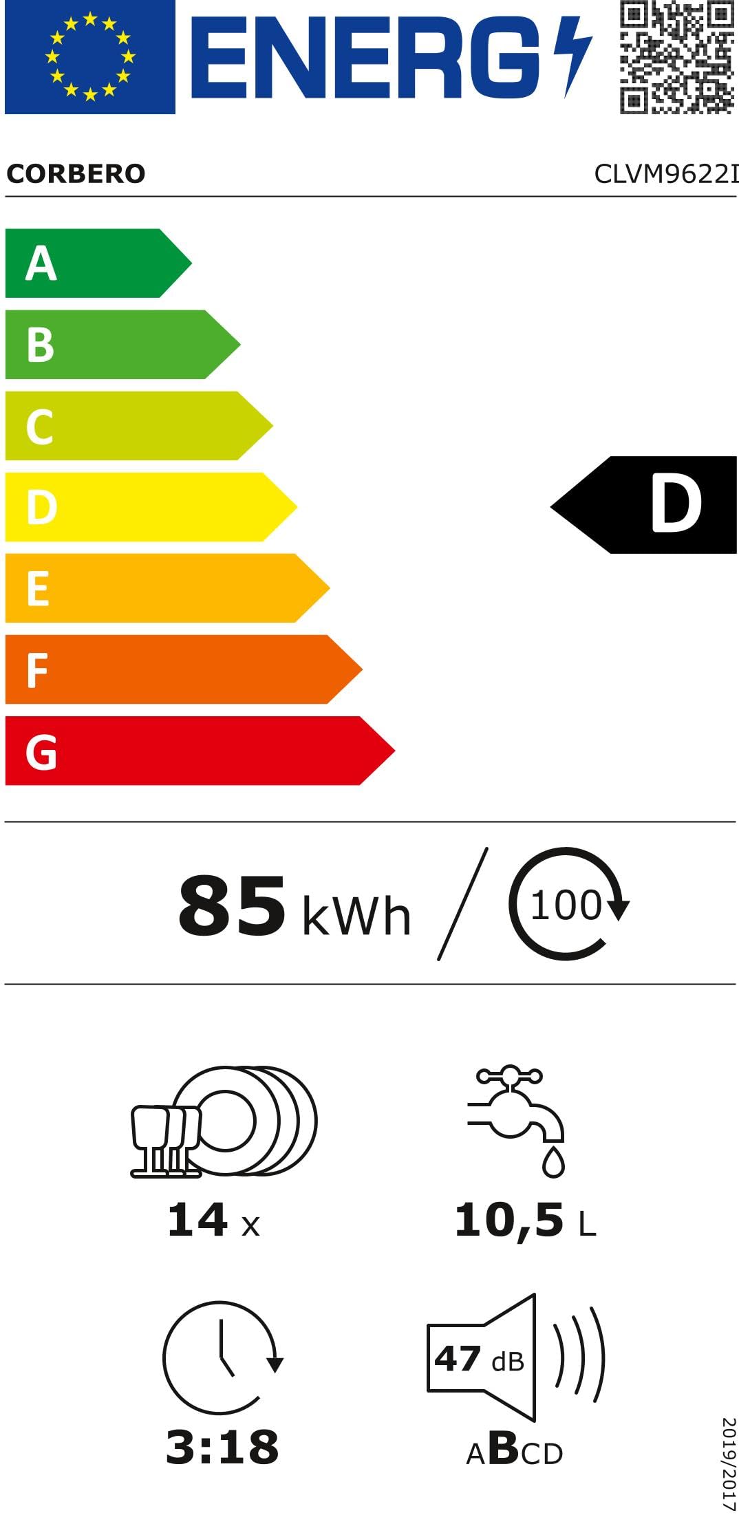 Corberó CLVM9622I Lavavajillas Integrables 14 Cubiertos, 8 Programas, 5 Temperaturas, Inverter, Inicio Diferido, Función Media Carga, 3ª Bandeja, Función Auto Lavado, Auto Door, 47 Db, E. Energética D