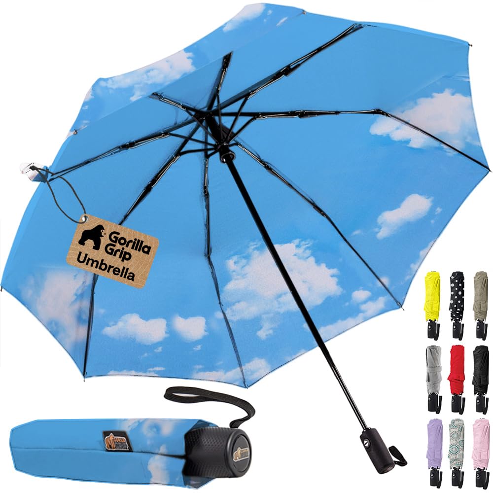 GORILLA GRIP Compact Travel Size Umbrella for Rain, Sky Blue
