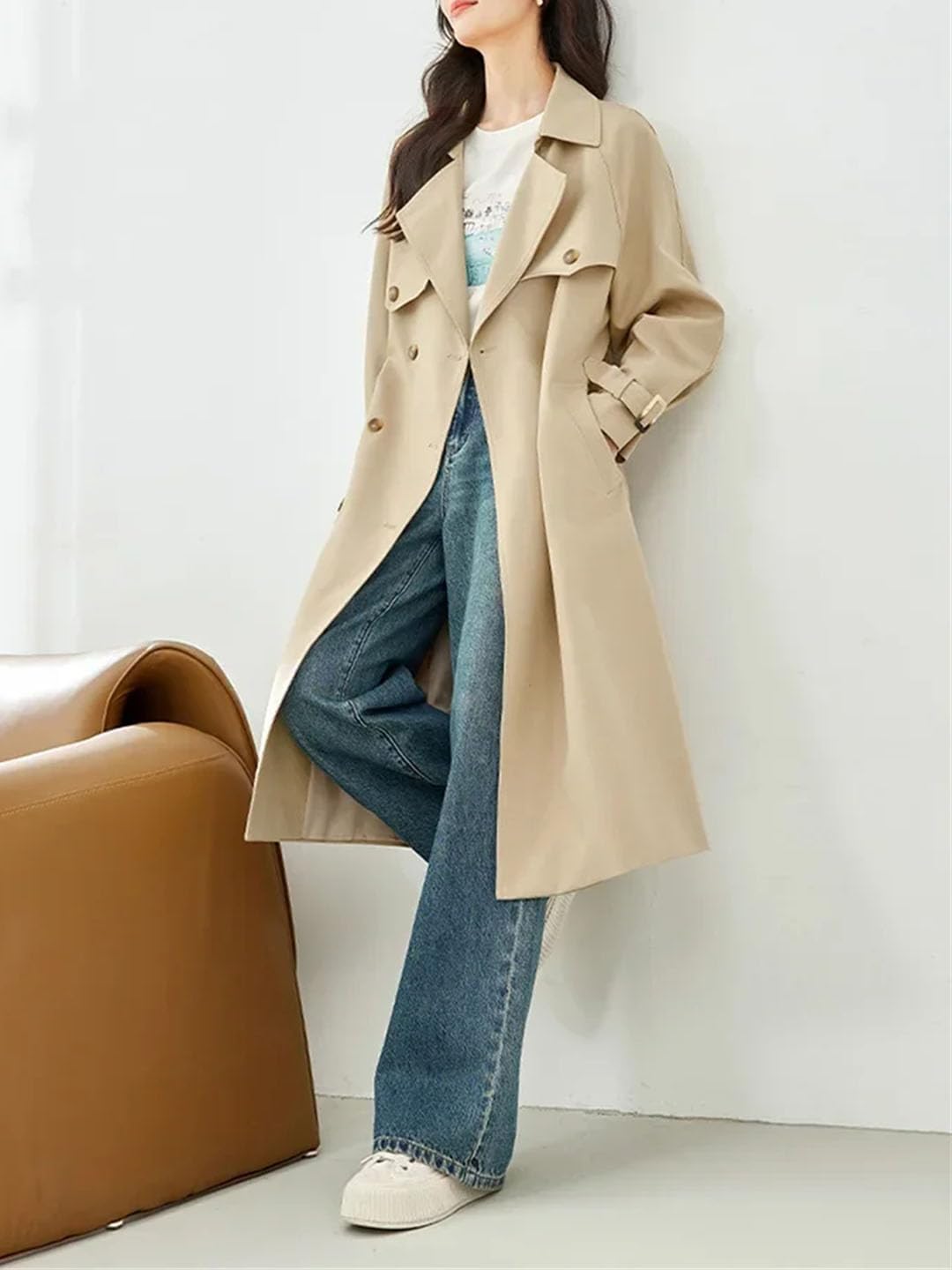Trench Coat For Women Double Breasted Belt Long Jacket Casual Loose Trench Coat