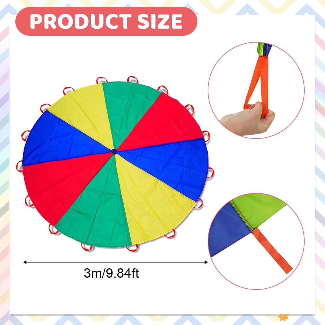 Paracadute Bambini, Paracadute Professionale, Telo Arcobaleno con Maniglie per Giochi di Gruppo, Ginnastica e Feste di Compleanno, Ideale per Interni ed Esterni, 300 cm, 3 metri, 12 bambini