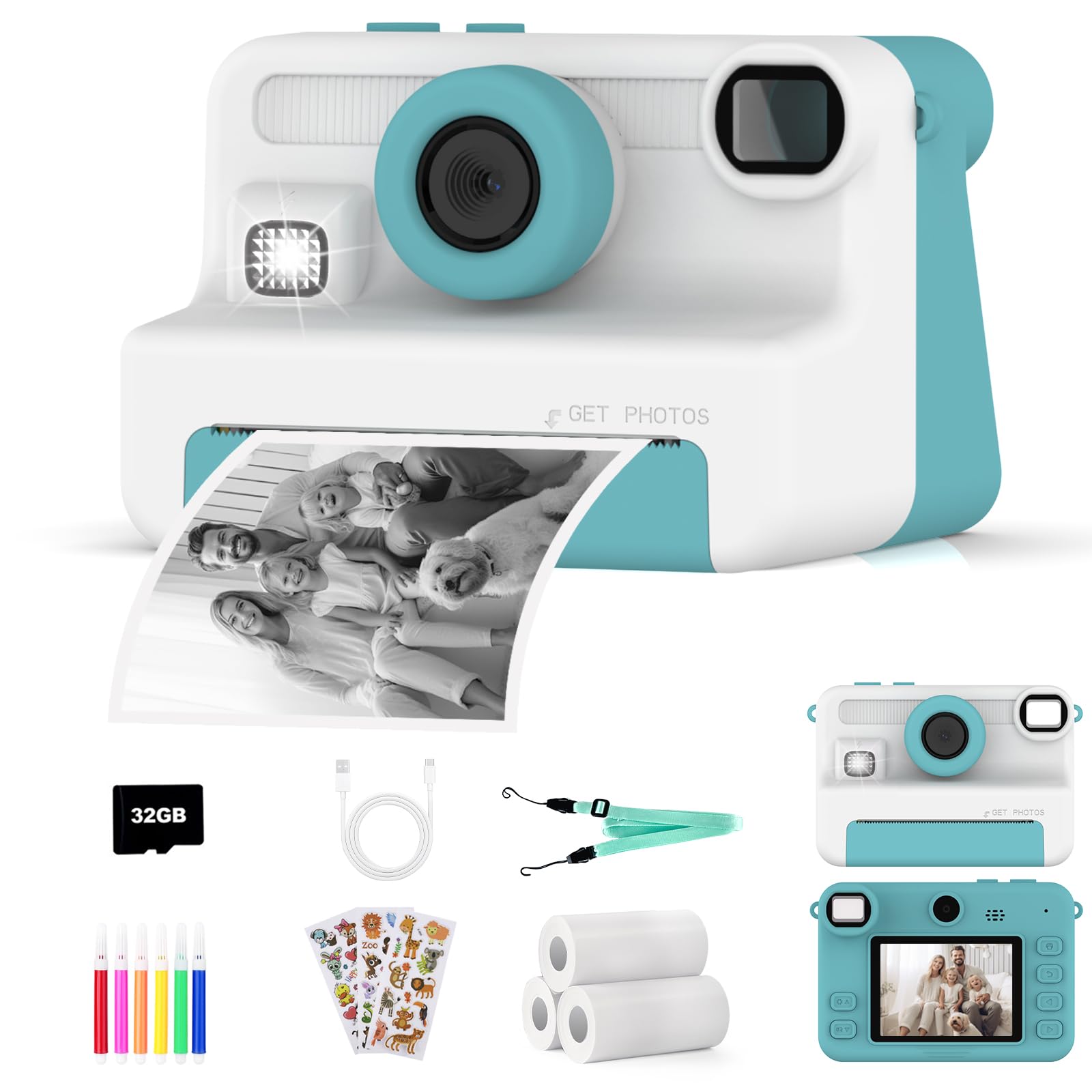 Macchina fotografica bambini istantanea,Regalo di Natale e Compleanno per giochi Bambina 4 5 6 7 8 9 10 11 12 Anni, Fotocamera Digitale Selfie 1080P con 3 Rotoli di Carta Termica e Scheda da 32GB