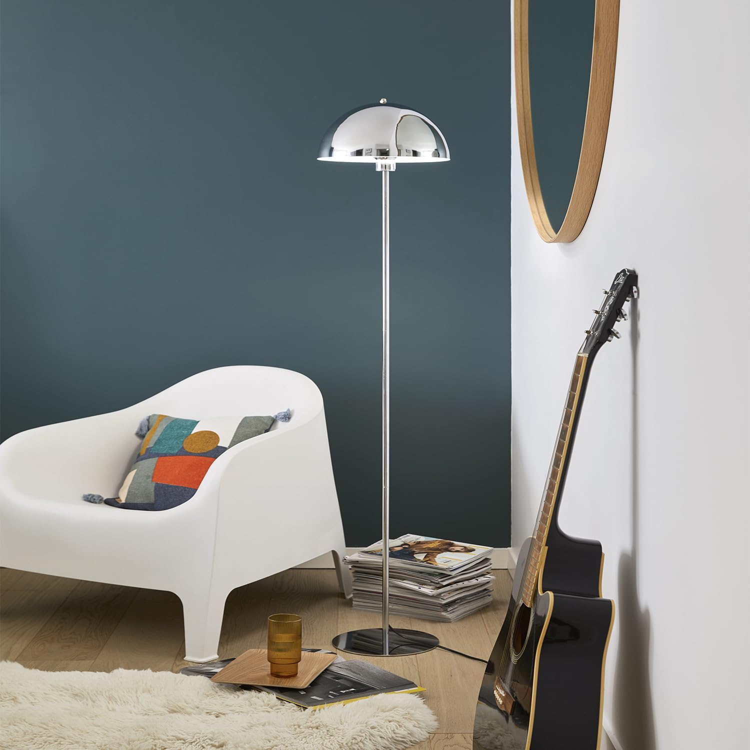 Corep Lampadaire design rétro métal chrome silver ICONE H150cm, avec abat-jour champignon.