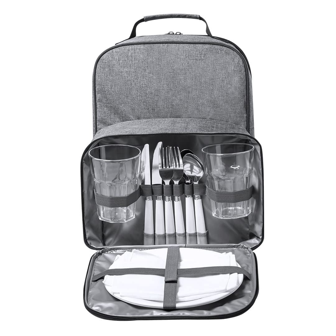 Isolierter Picknick-Rucksack aus Recycling PET für 2 Personen Tasche mit Kühlfach, Edelstahl-Besteck-Set, Servietten, Teller und Gläsern für Paare, Verliebte und Freunde (Grau)