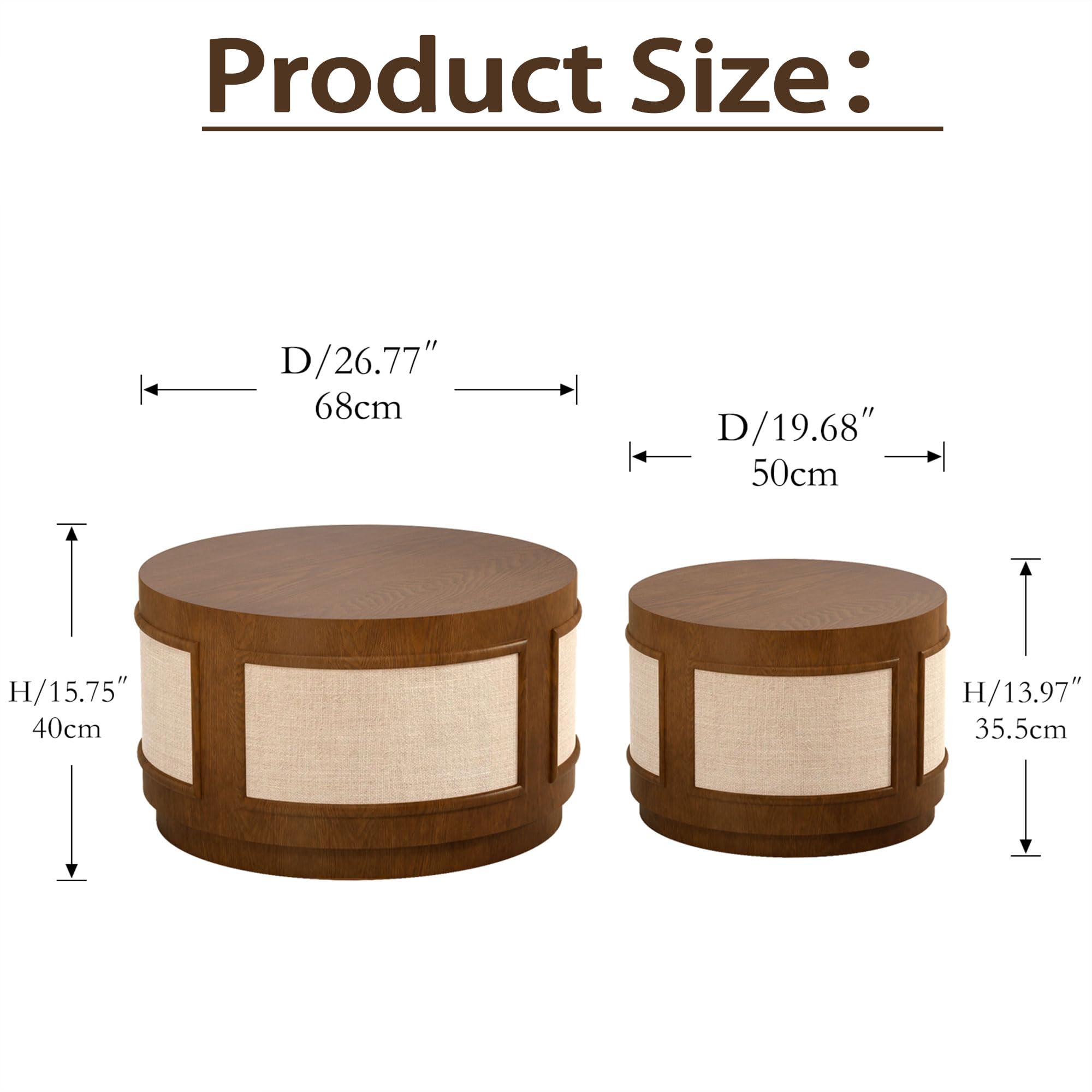 Modern Round Nesting Coffee Table Set, Round Mid-Century Coffee Table with Fabric Accent, Circle Drum Center Table for Apartment Small Space, Easy Assembly