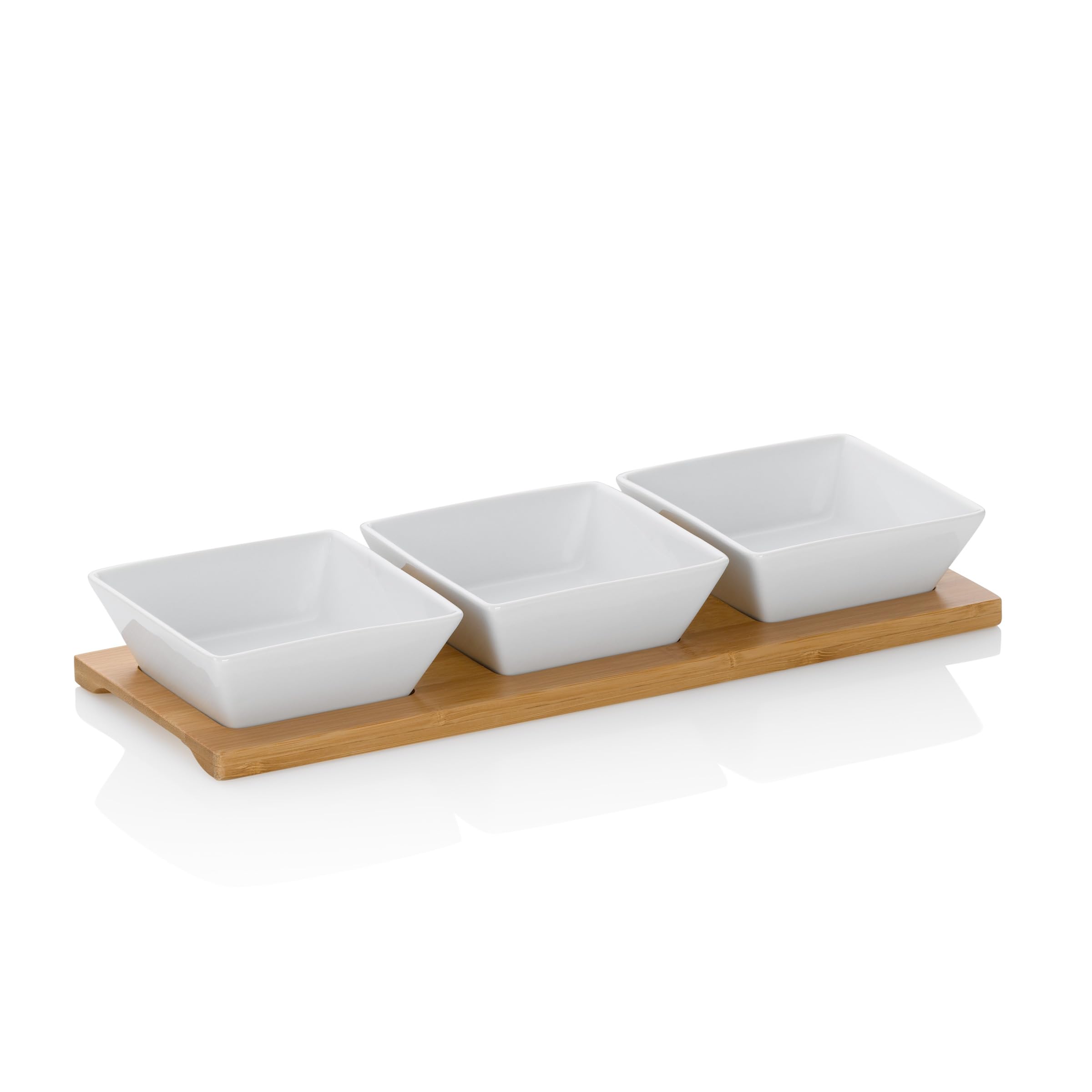 Kela Serving Bowl Set 4pcs Philipa, Porcelain Snack Bowls with Bamboo Serving Plate, Angular, dip Bowl Set White